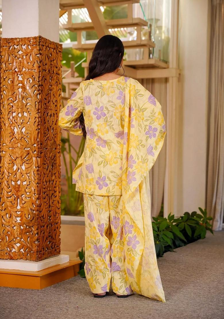 Light Yellow Printed Cotton Kurta Set - Indya
