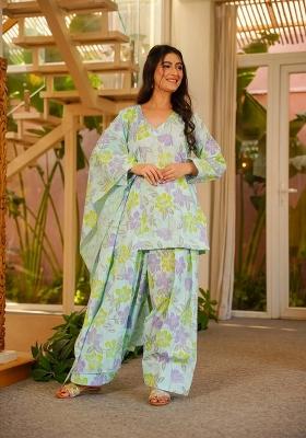 Light Lavender Printed Cotton Kurta Set