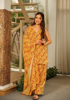 Dark Yellow Printed Cotton Kurta Set