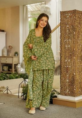 Green Printed Cotton Kurta Set
