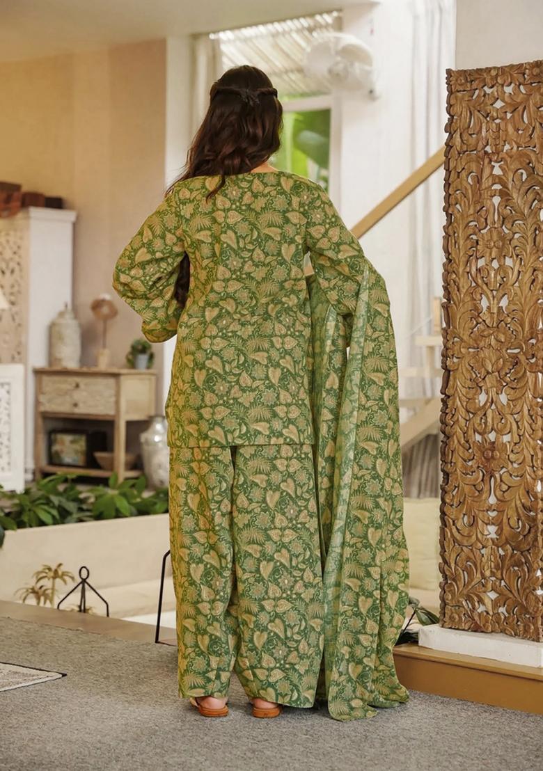Green Printed Cotton Kurta Set - Indya