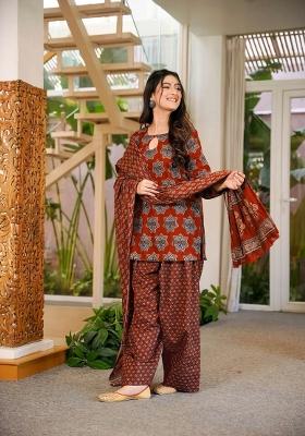 Maroon Printed Cotton Kurta Set