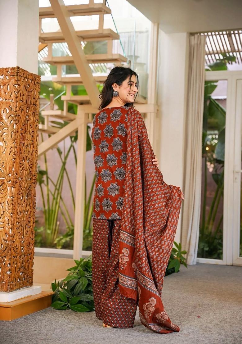 Maroon Printed Cotton Kurta Set - Indya