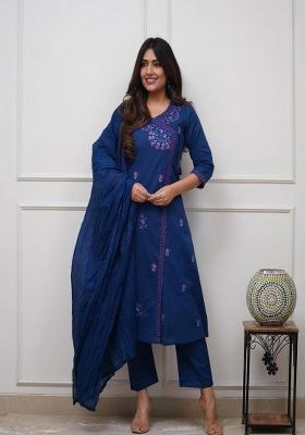 Blue Embroidered Cotton Kurta Set