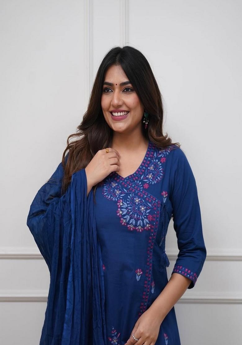 Blue Embroidered Cotton Kurta Set - Indya