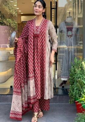 Beige Printed Cotton Kurta Set