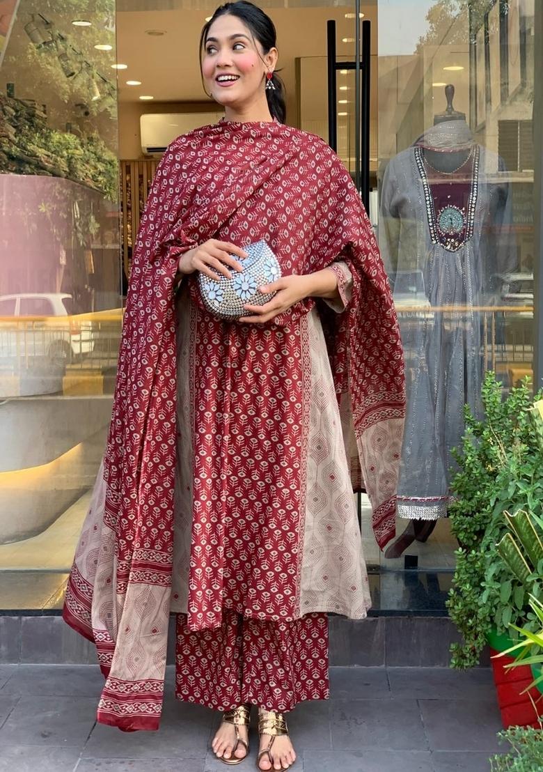Beige Printed Cotton Kurta Set - Indya