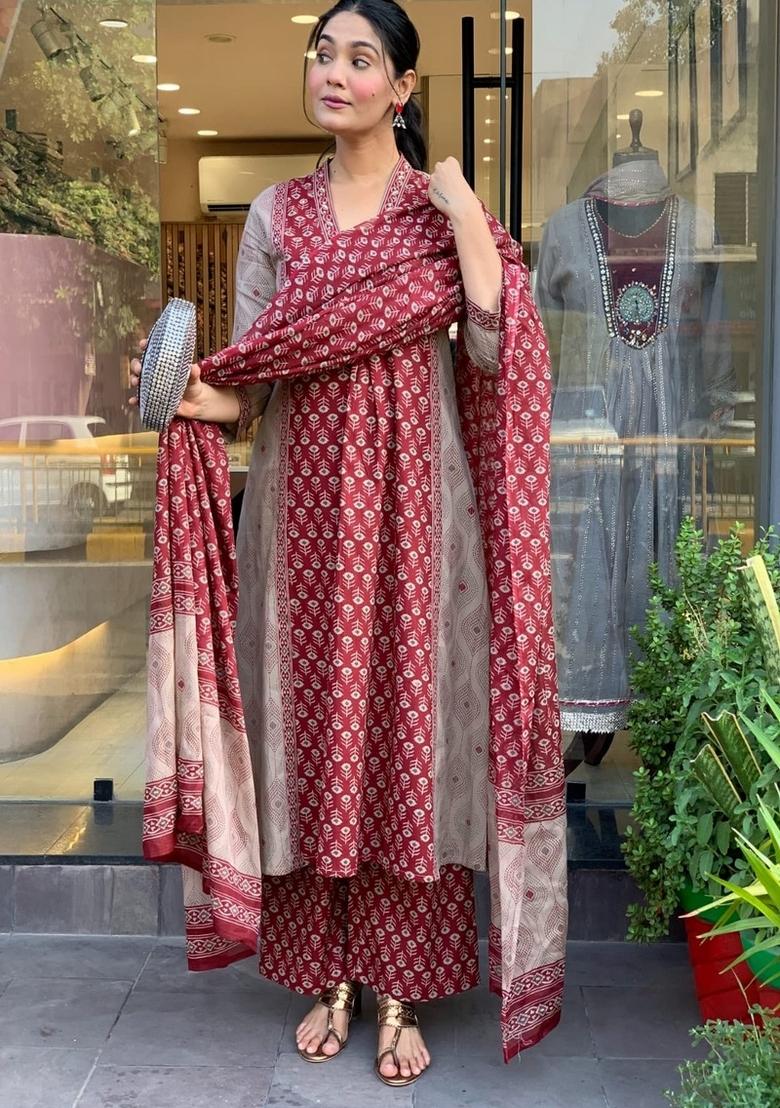 Beige Printed Cotton Kurta Set - Indya