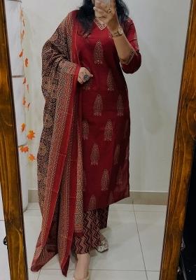Red Printed Cotton Kurta Set