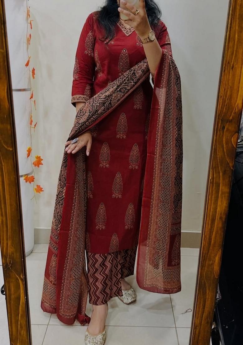 Red Printed Cotton Kurta Set - Indya