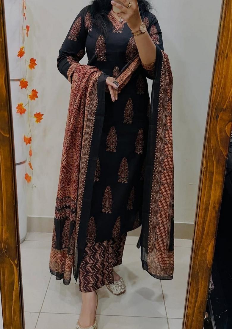 Black Printed Cotton Kurta Set - Indya