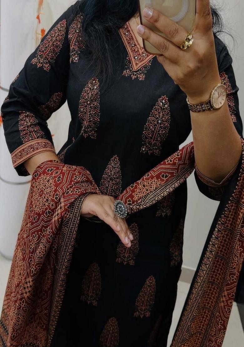Black Printed Cotton Kurta Set - Indya