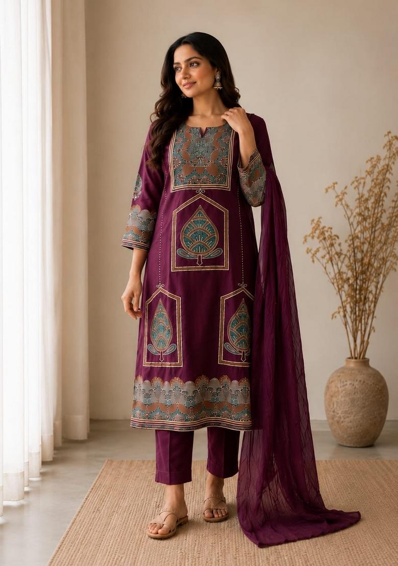 Purple Printed Cotton Kurta Set - Indya