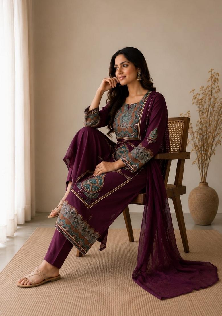Purple Printed Cotton Kurta Set - Indya