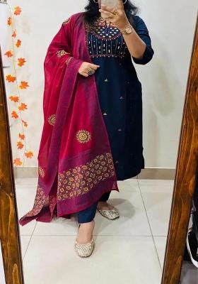 Blue Embroidered Cotton Kurta Set
