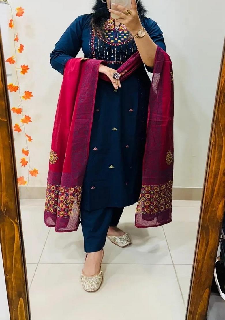 Blue Embroidered Cotton Kurta Set - Indya
