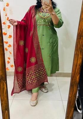 Green Embroidered Cotton Kurta Set