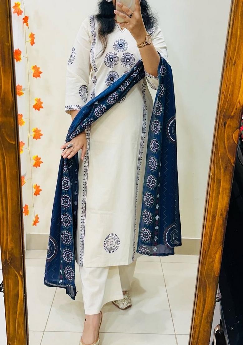 White Printed Cotton Kurta Set - Indya