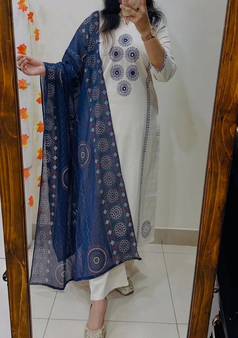 White Printed Cotton Kurta Set - Indya