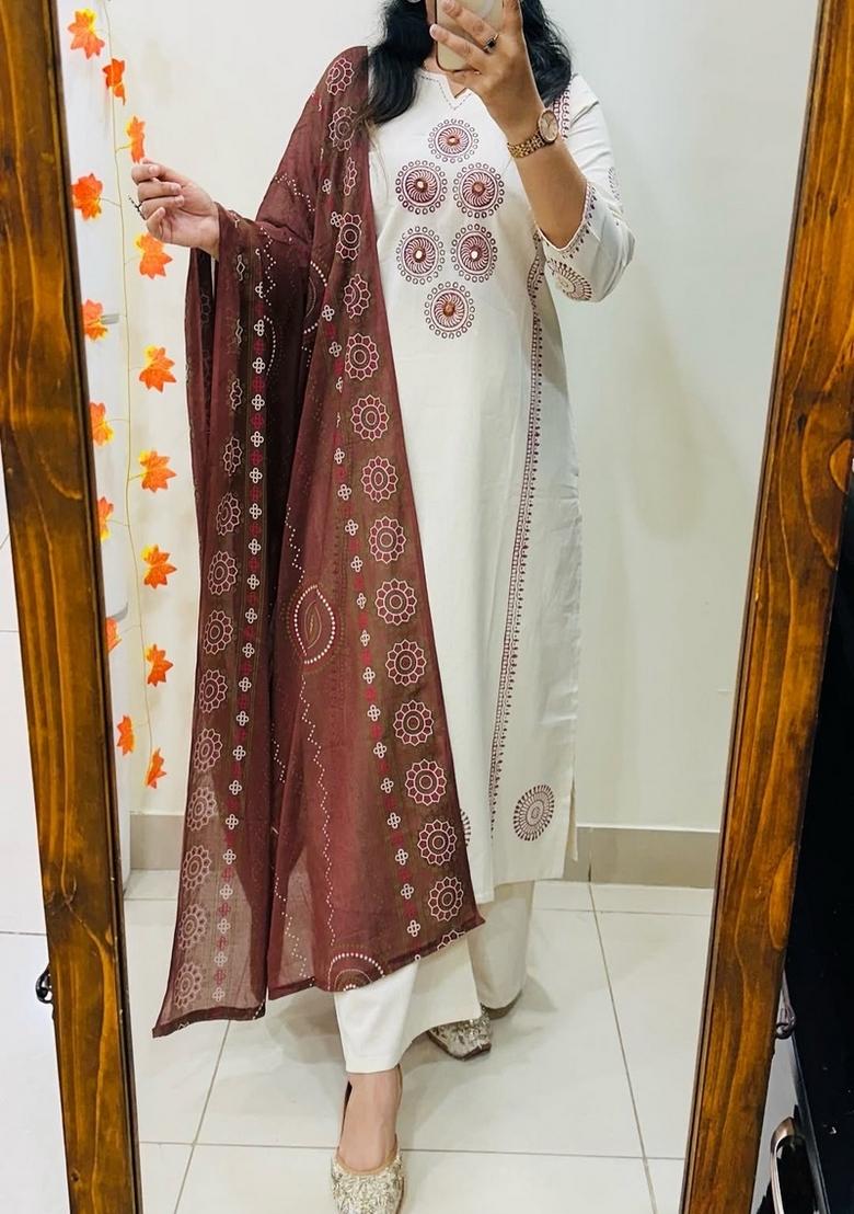 White Printed Cotton Kurta Set - Indya