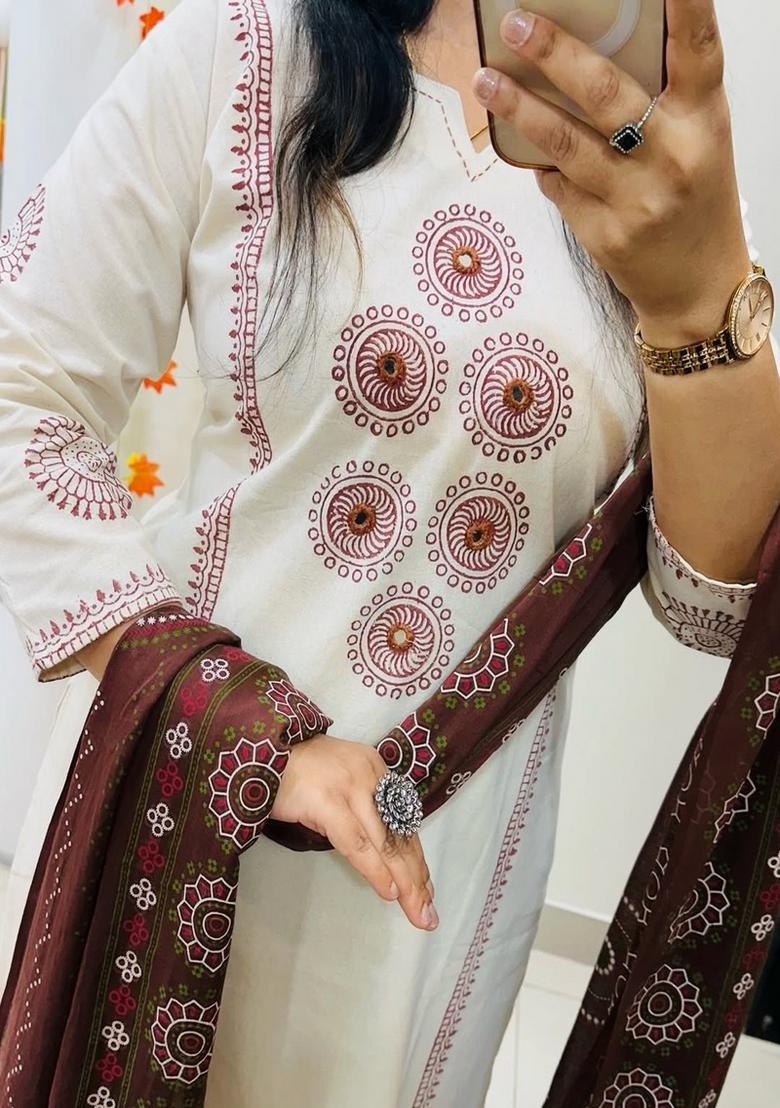 White Printed Cotton Kurta Set - Indya
