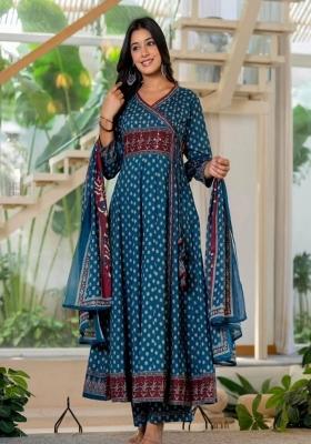 Blue Printed Cotton Kurta Set