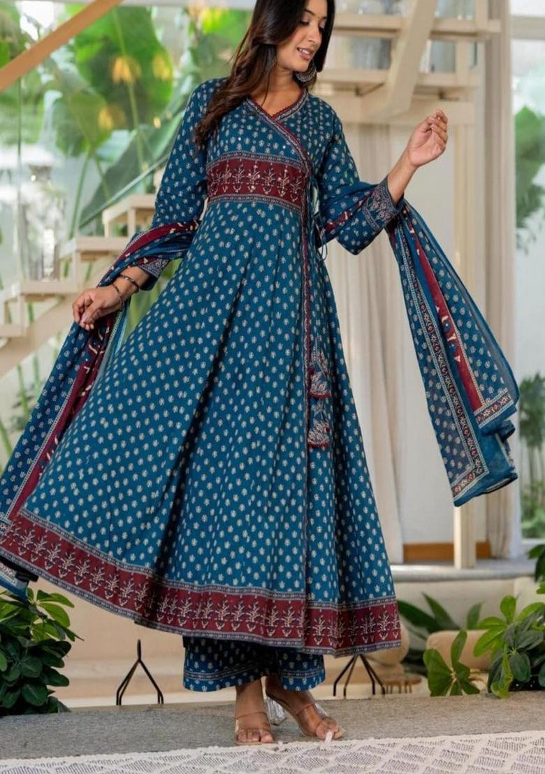 Blue Printed Cotton Kurta Set - Indya