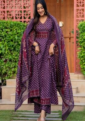 Purple Printed Cotton Kurta Set