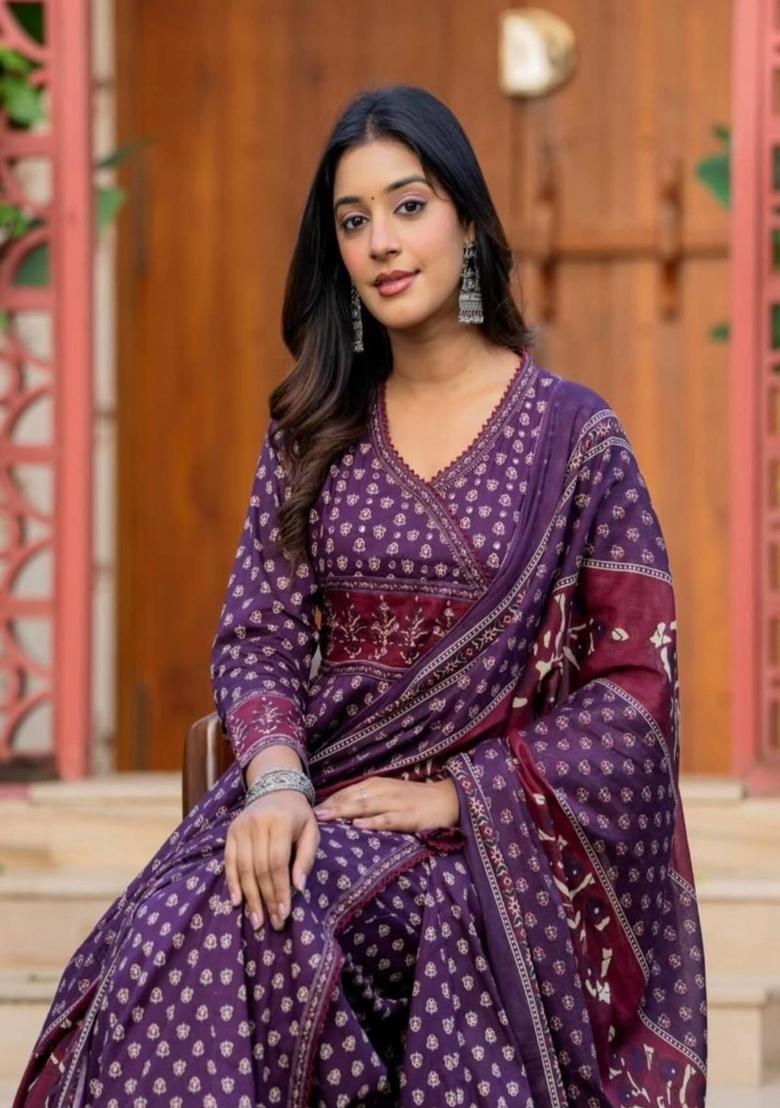 Purple Printed Cotton Kurta Set - Indya