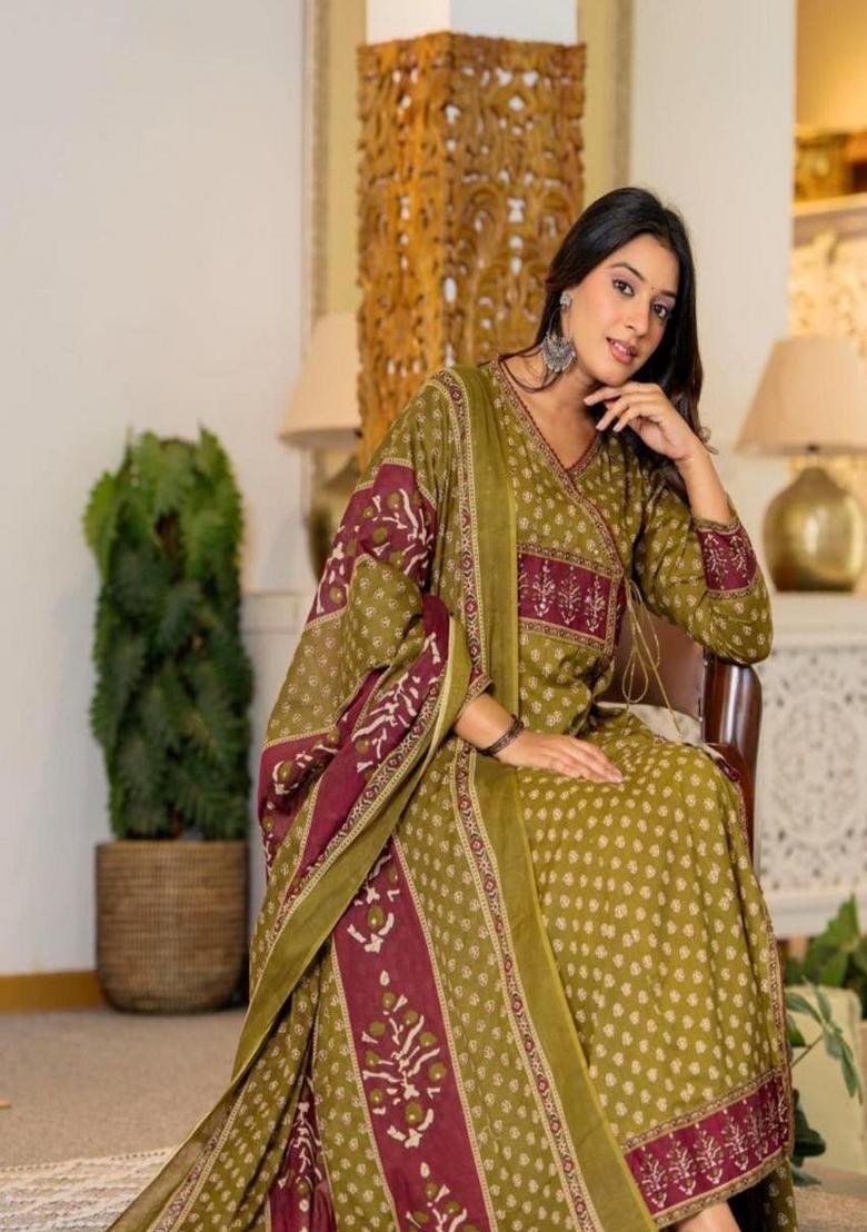 Green Printed Cotton Kurta Set - Indya
