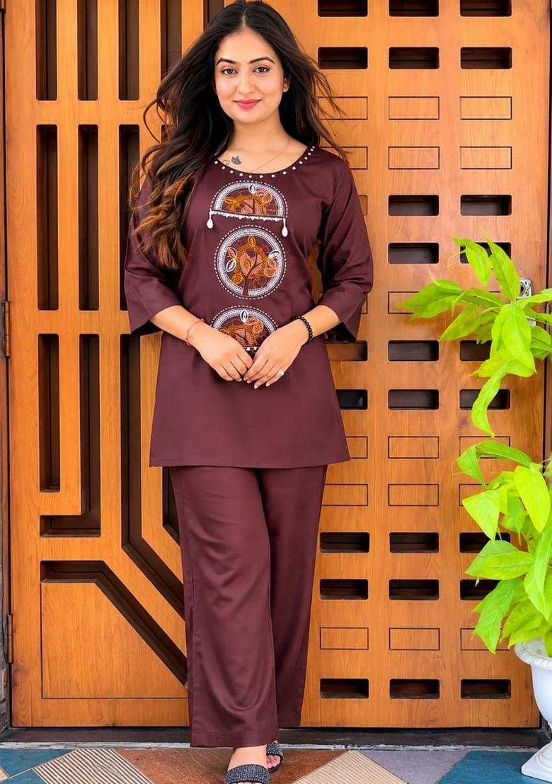 Brown Embroidered Cotton Co-Ord Set - Indya