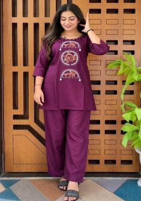 Purple Embroidered Cotton Co-Ord Set