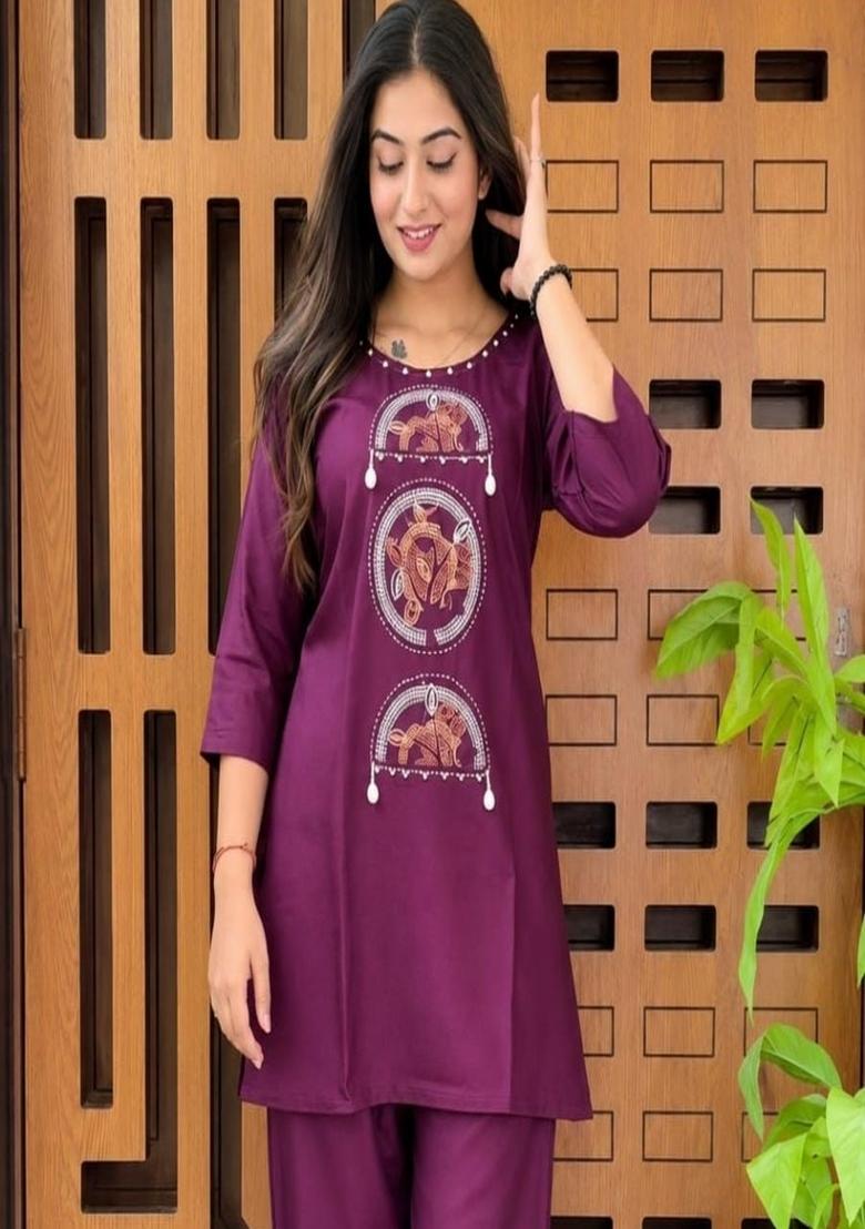 Purple Embroidered Cotton Co-Ord Set - Indya