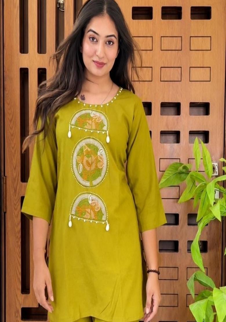 Green Embroidered Cotton Co-Ord Set - Indya