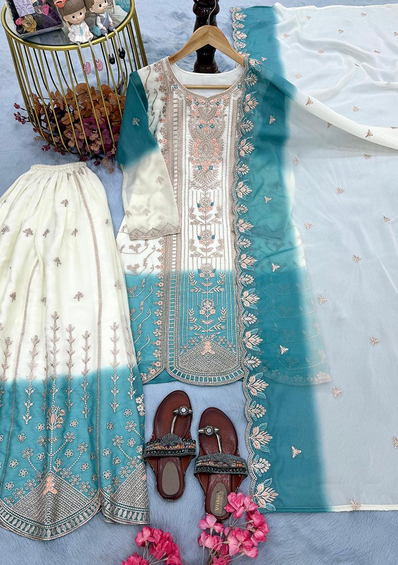 Blue Embroidered Silk Kurta Set - Indya