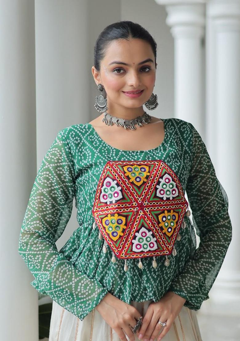 Dark Green Bandhej Georgette Navratri Kurta - Indya