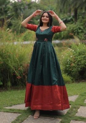 Dark Green Jacquard Silk Anarkali