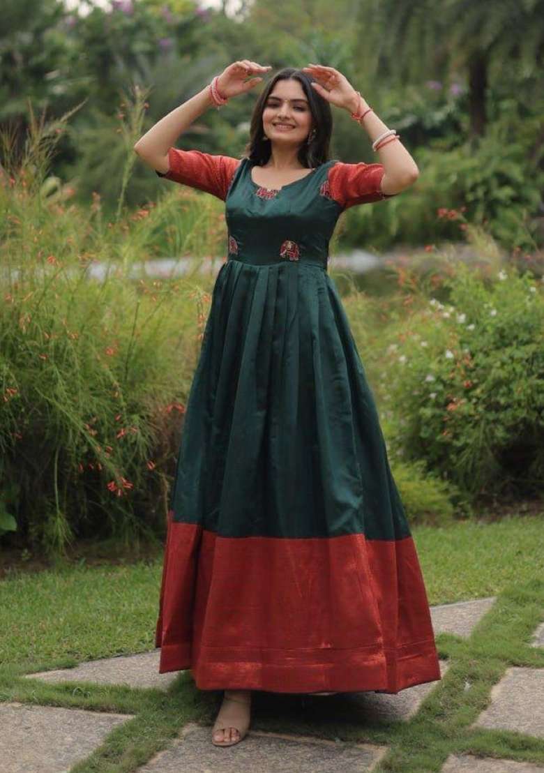 Dark Green Jacquard Silk Anarkali - Indya