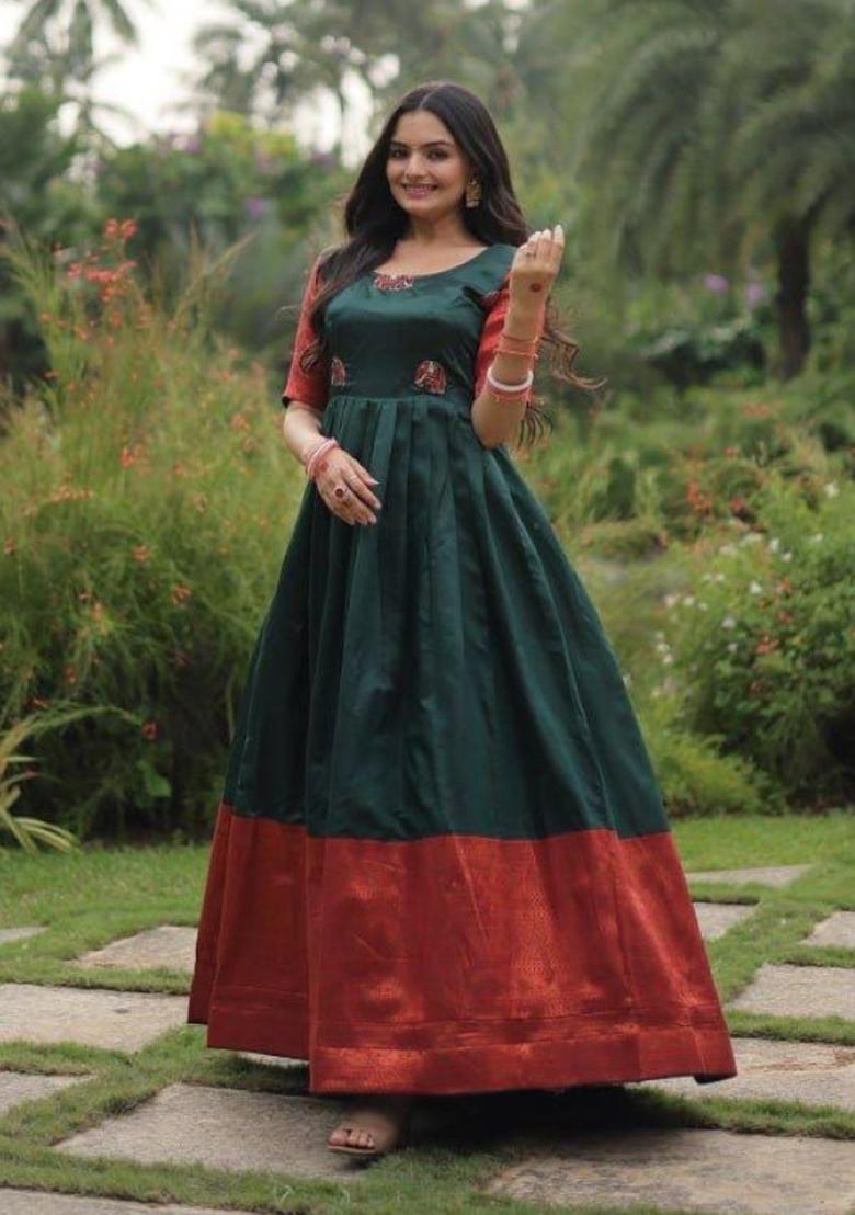 Dark Green Jacquard Silk Anarkali - Indya