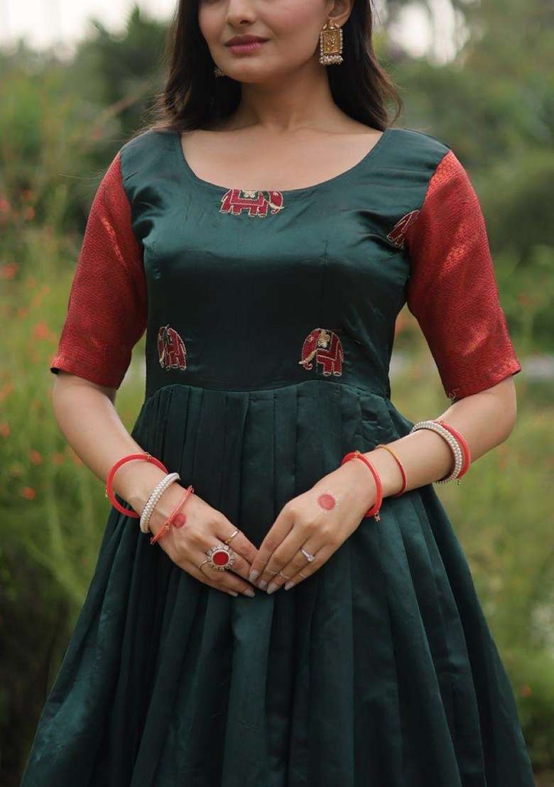 Dark Green Jacquard Silk Anarkali - Indya