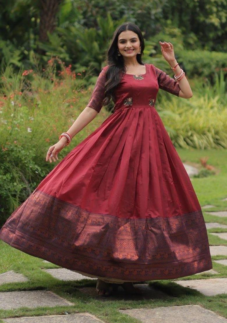 Maroon Jacquard Silk Anarkali - Indya