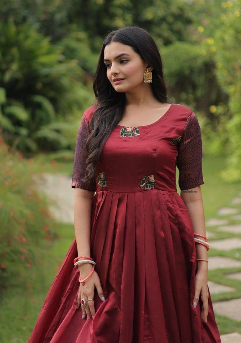 Maroon Jacquard Silk Anarkali - Indya