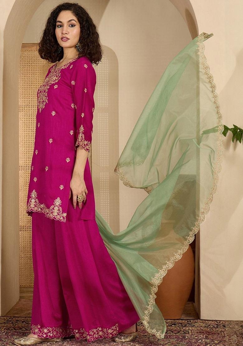 Pink Embroidered Silk Kurta Set - Indya