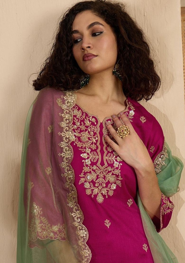 Pink Embroidered Silk Kurta Set - Indya