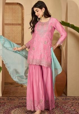 Peach Embroidered Silk Kurta Set