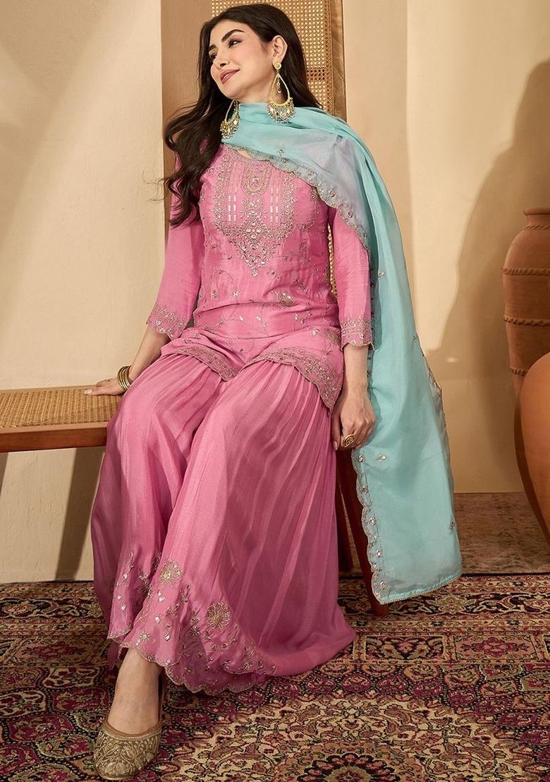 Peach Embroidered Silk Kurta Set - Indya