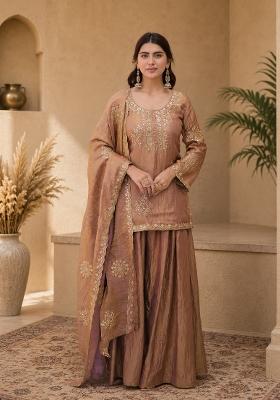 Peach Embroidered Silk Kurta Set