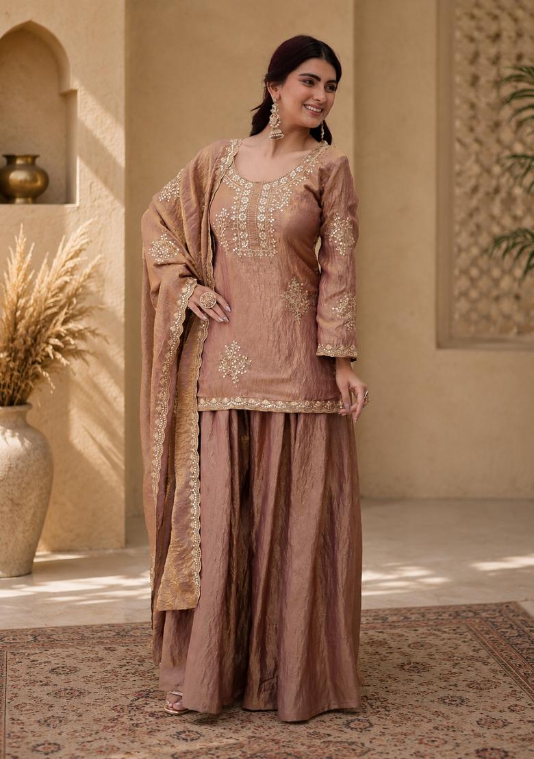 Peach Embroidered Silk Kurta Set - Indya