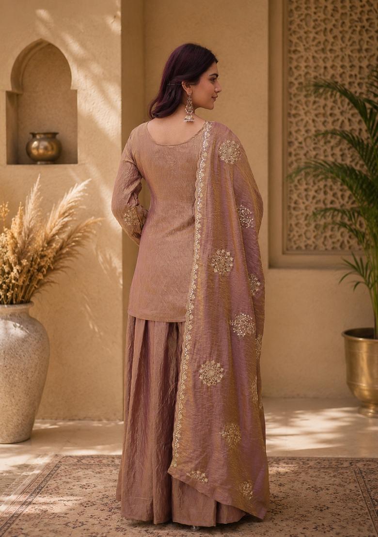 Peach Embroidered Silk Kurta Set - Indya