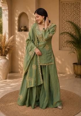 Green Embroidered Silk Kurta Set